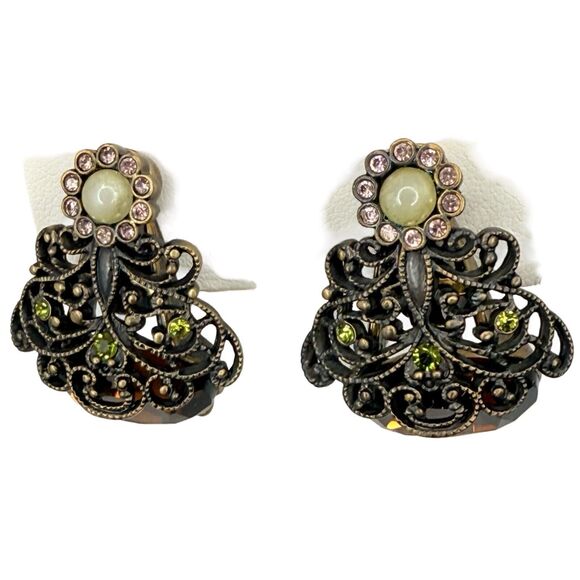 Hobe Crystal Filagree Clip On Earrings 2" Signed Legendary Splendor Jewels - Picture 6 of 15